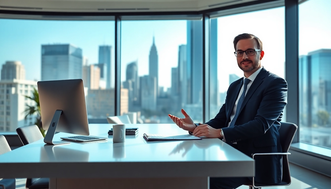 Engaging business broker presenting businesses for sale in a bright modern office setting.
