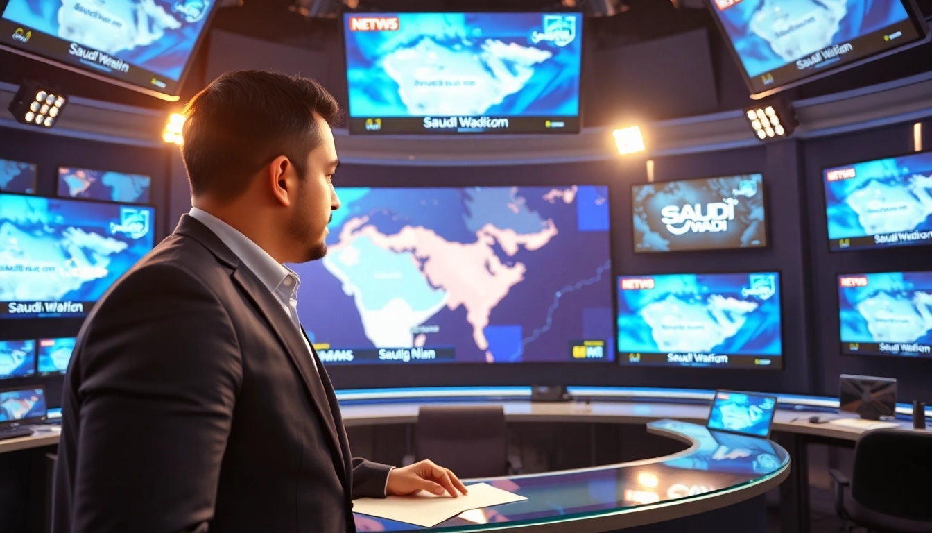 Reporting breaking news from https://saudiwadi.com at a dynamic newsroom with monitors and maps.