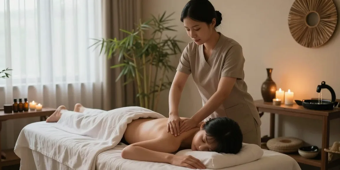 마사지 테라피 장면, 치료사가 고객에게 스웨디시 마사지를 진행하는 모습, 아늑한 스파 환경.