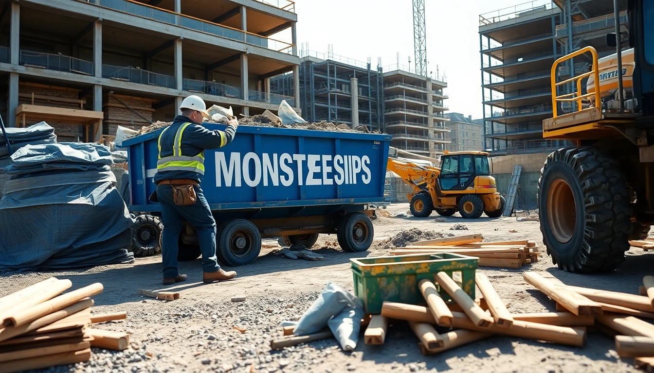 Contractor efficiently loading waste into a "Monster Skips" skip at a construction site.