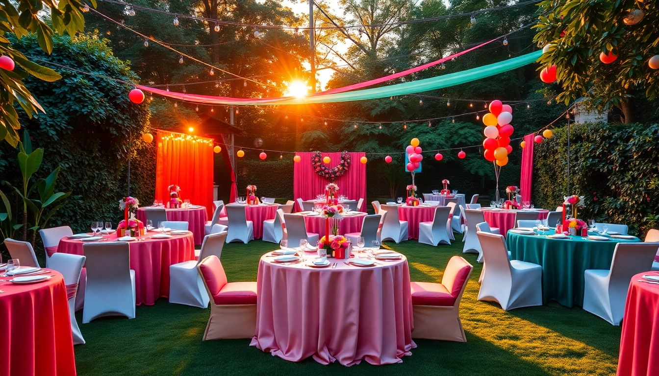 Engaging party rentals setup with vibrant colors and elegant designs in a festive garden environment.