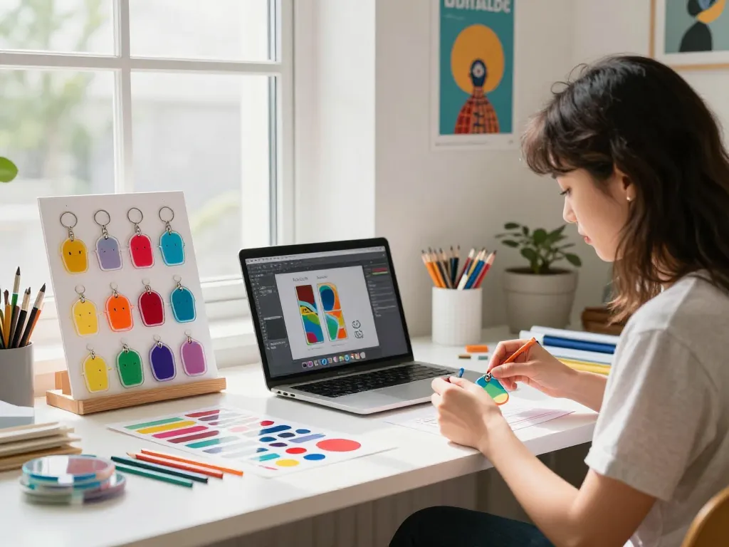 Custom acrylic keychains being designed in a vibrant workspace, showcasing creativity and personalization.