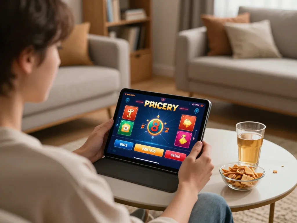 Person using a tablet to play casino games on BK8, showcasing interactive gaming experience at home.