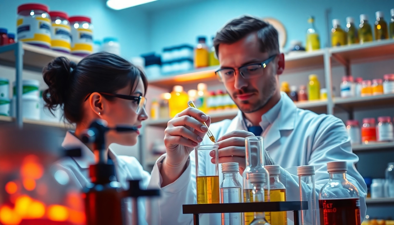 Visualize a custom supplement manufacturer uk with scientists collaborating in a high-tech lab.