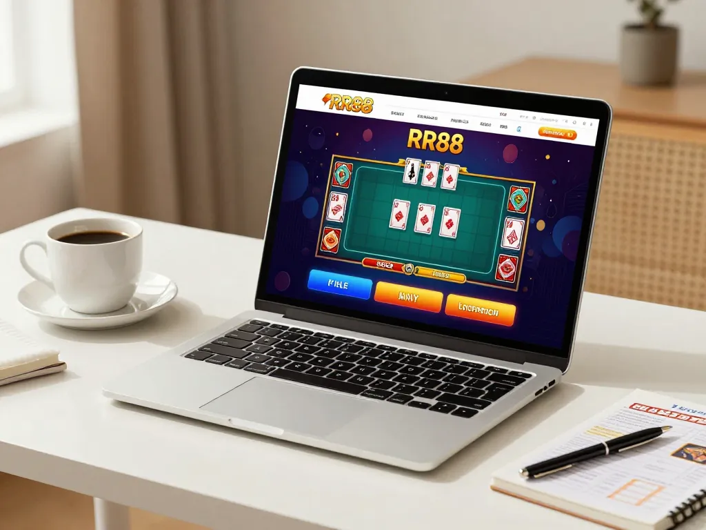 RR88 online casino gameplay on a stylish laptop with warm cozy lighting.