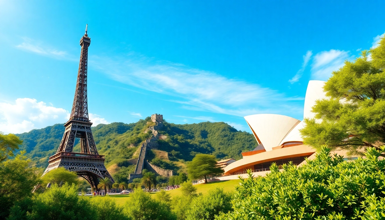 Captivating view of round the world destinations featuring iconic landmarks in a vibrant landscape.