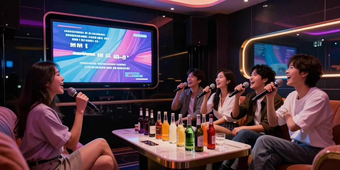 강남가라오케에서 친구들과 함께 즐거운 시간을 보내는 모습과 고급 음향 시설이 돋보이는 공간