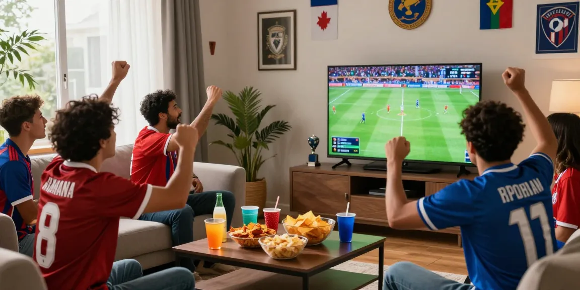 Penggemar nonton live bola di rumah dengan suasana meriah dan makanan ringan.