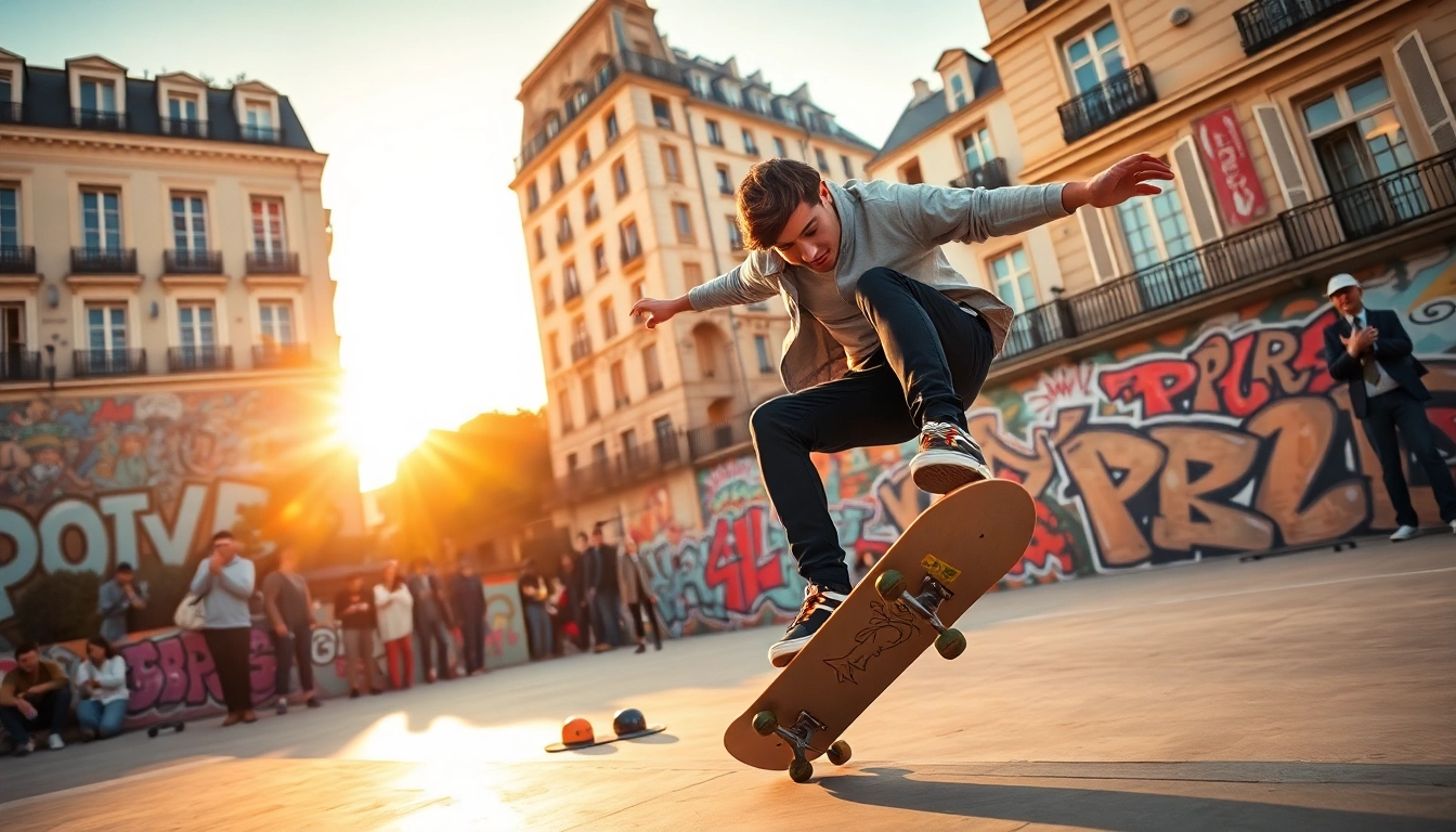 Pratiquer le Cours skate paris avec des skateboarders en action au skatepark animé de Paris.