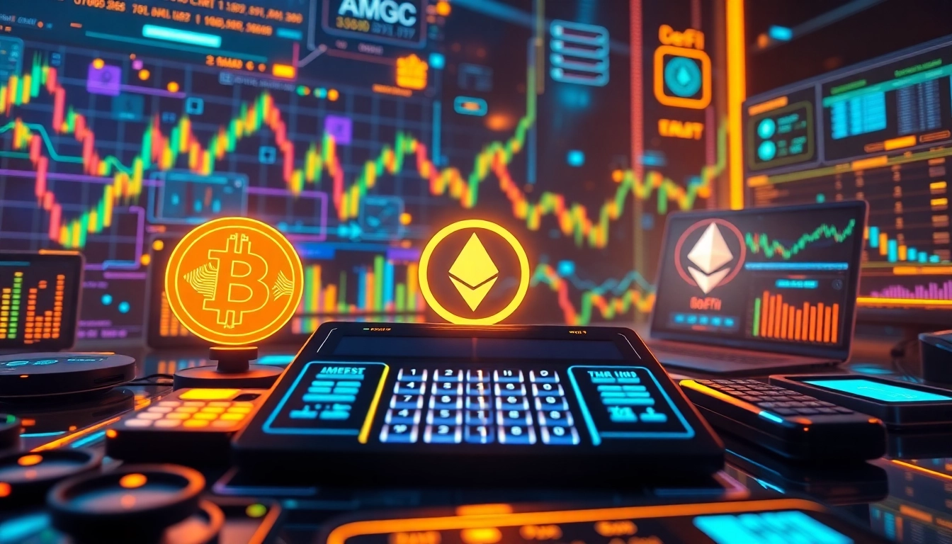 Kalkulator do handlu kryptowalutami z wizualizacjami Bitcoina i Ethera, wykresami handlowymi i portfelami cyfrowymi.