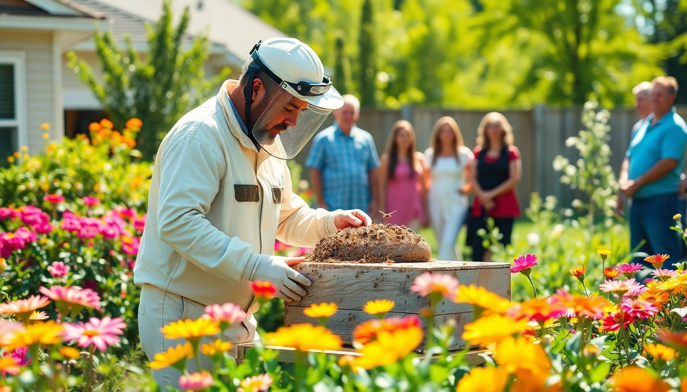 Engaging scene of a professional bee removal service handling a hive in a vibrant garden.