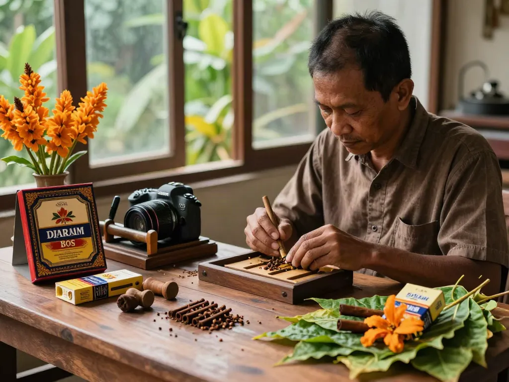 Crafting Djarum Bos clove cigarettes in a sunlit workshop