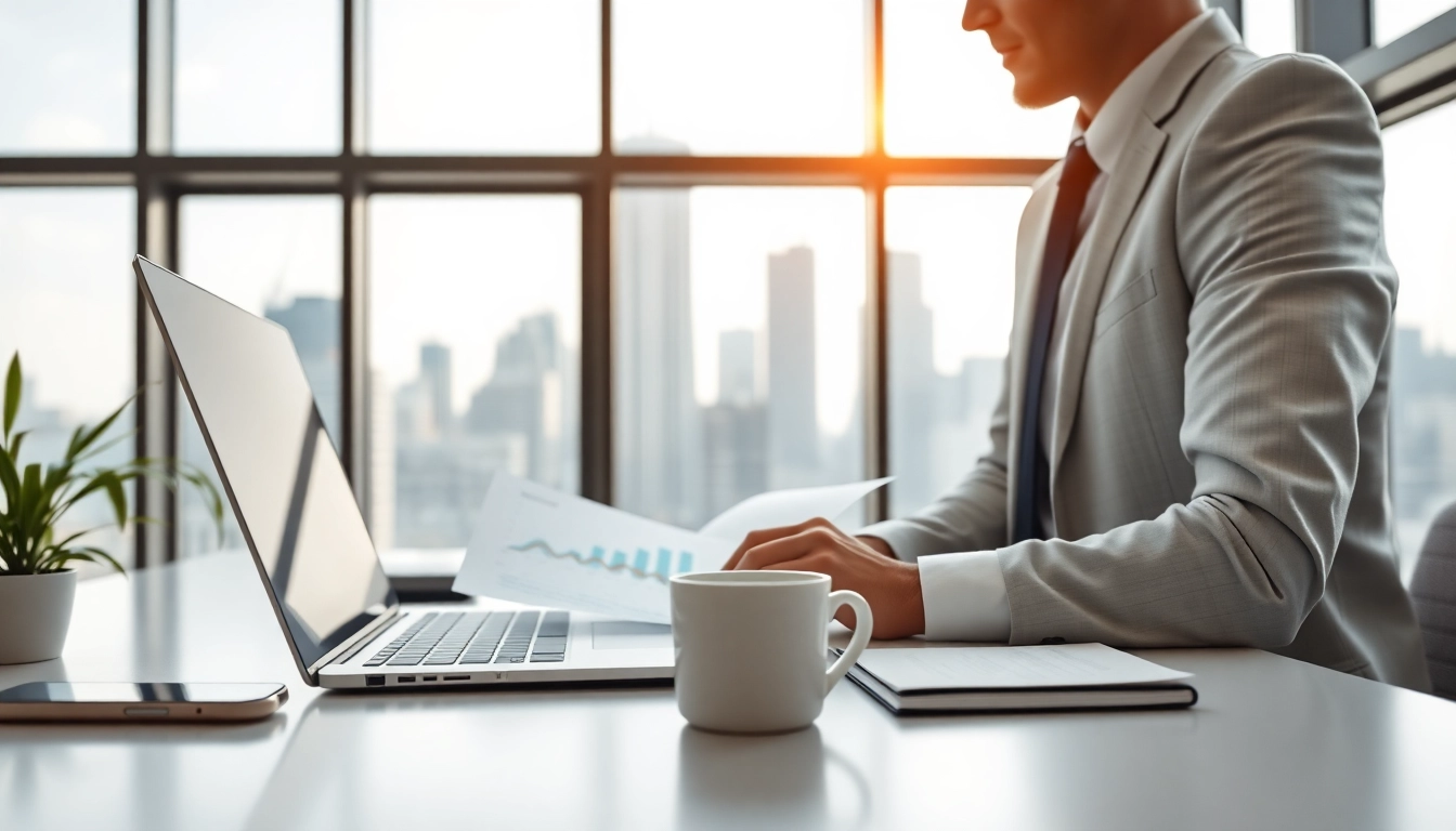 Business professional analyzing data in a modern office setting.