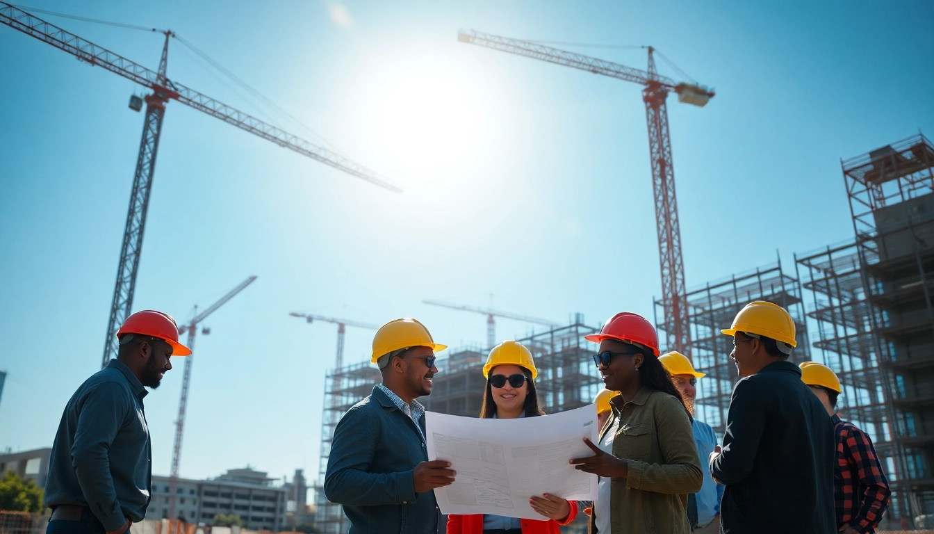 Commercial building developer managing a construction site with a diverse team and cranes in the background.