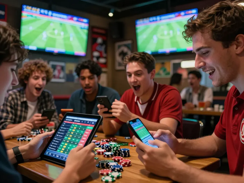 Taking action on tỷ lệ bóng đá tv with excited sports fans placing bets in a lively sports bar environment.