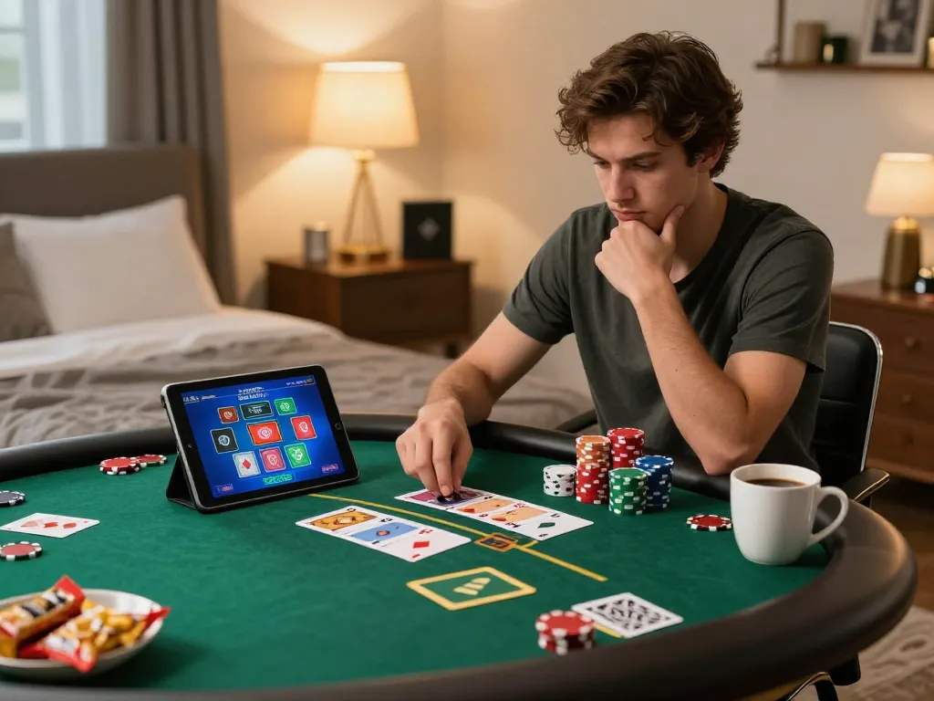 Player strategizing their next bet in an engaging online vipwin poker game, showcasing immersive gaming experience at home