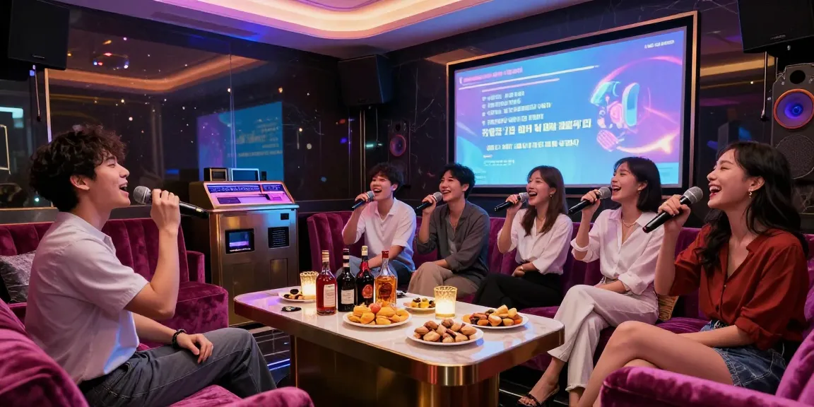 강남가라오케의 화려한 프라이빗 룸에서 친구들과 함께 노래하며 즐기는 장면
