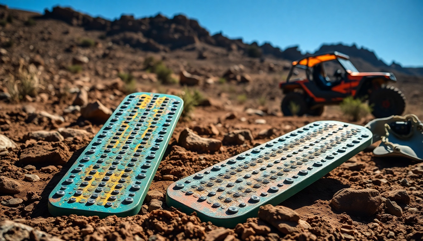 Traction Boards positioned in a rugged environment for off-road recovery purposes.