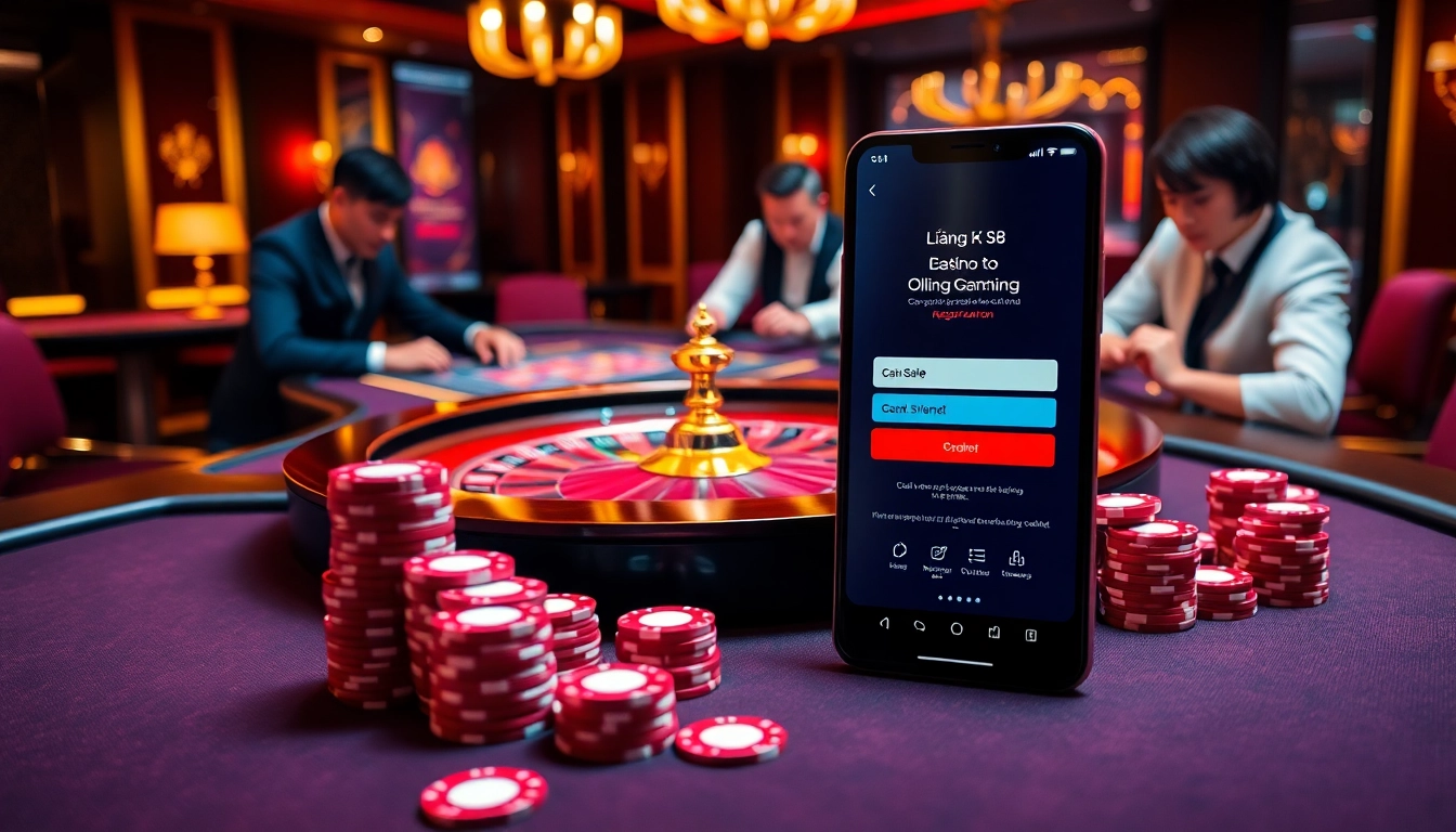 Engaging gamblers with Đăng Ký S8 at a luxurious casino setup featuring poker tables and a roulette wheel.
