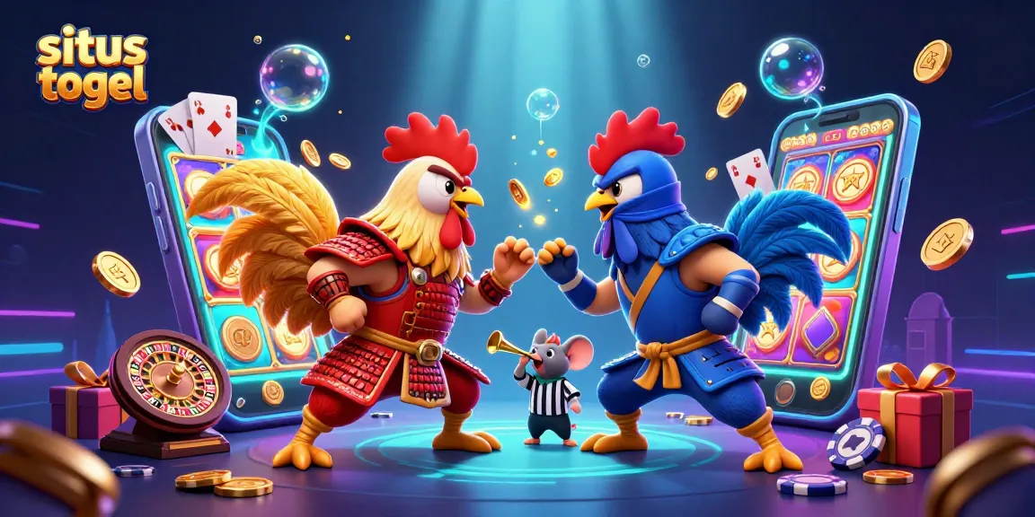Experience situs togel excitement with dynamic fighting roosters and casino games in this vibrant illustration.