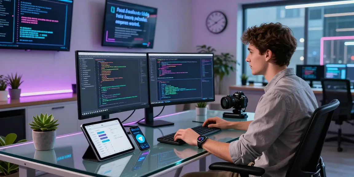 Engaging scene of a developer coding and utilizing 纸飞机下载 on multiple devices in a modern workspace.