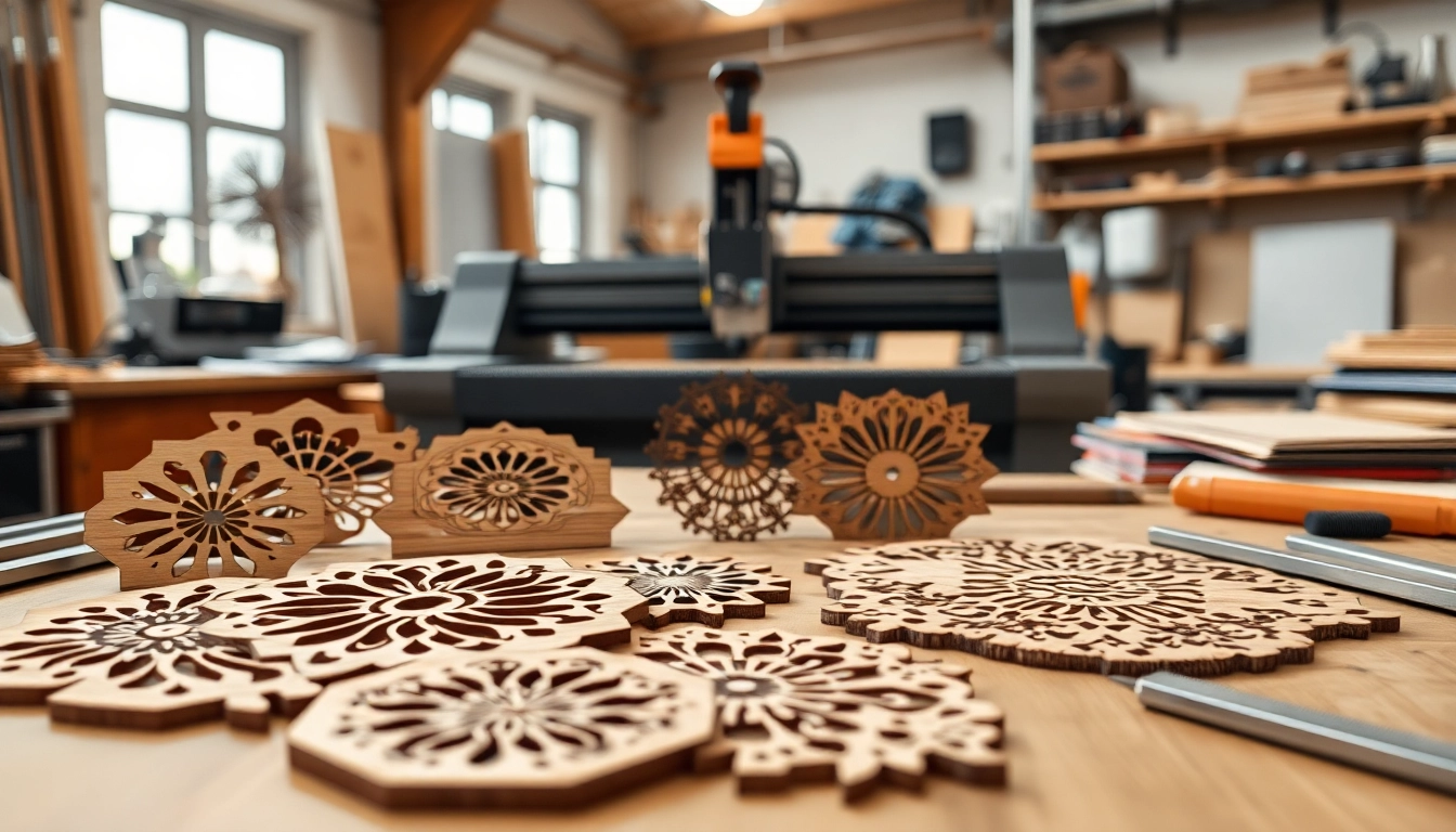 Showcase of laser cutting designs with intricate patterns on a workshop table.