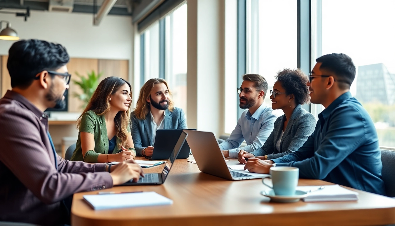 Engaging business meeting with diverse professionals in a bright coworking space.
