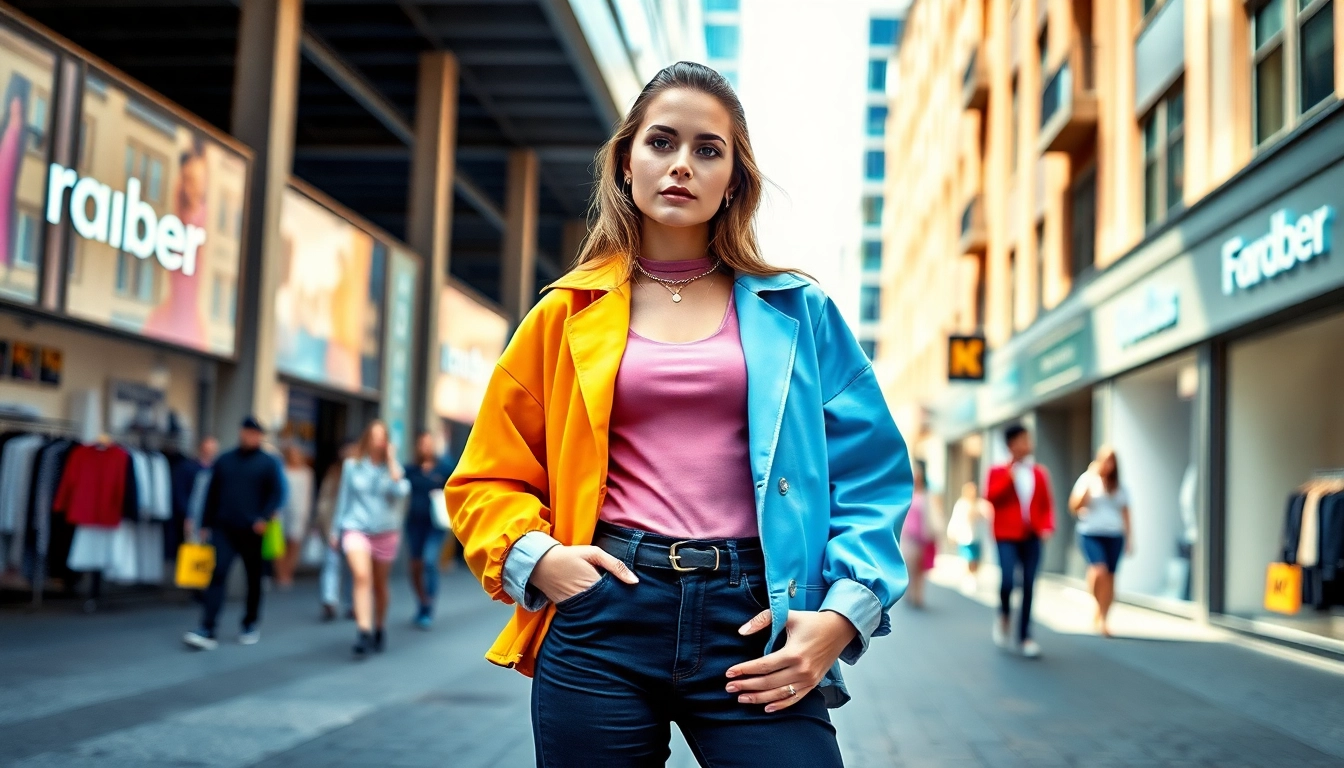 Fashion model poses stylishly in an urban setting showcasing vibrant clothing collections.