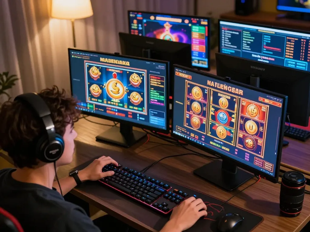 Engaged player enjoying slot gacor games on multiple screens during online gaming session