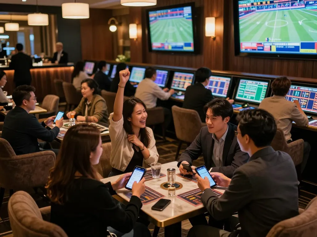 Patrons placing bets and enjoying live sports action at 92slot com's lively sports betting lounge filled with excitement