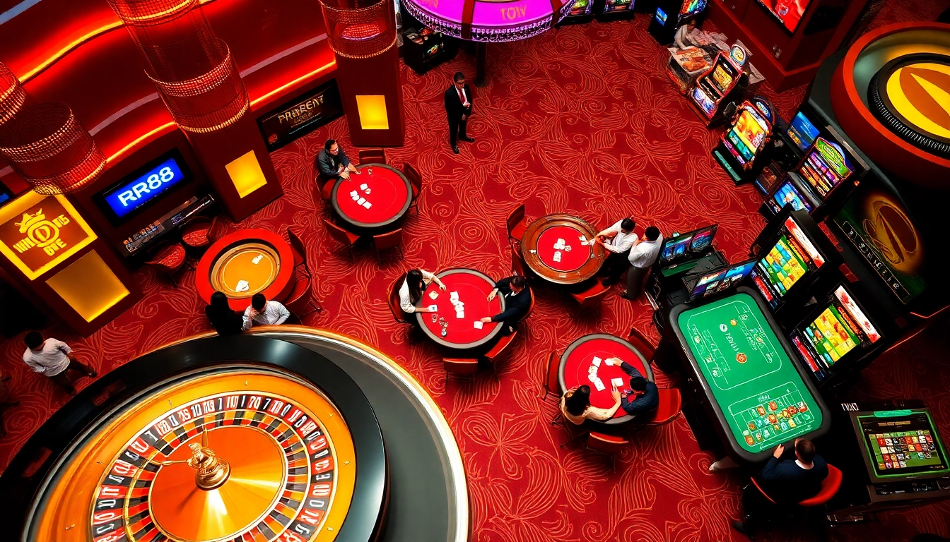 RR88 players enjoying intense gambling action at a vibrant casino with tables and slot machines.