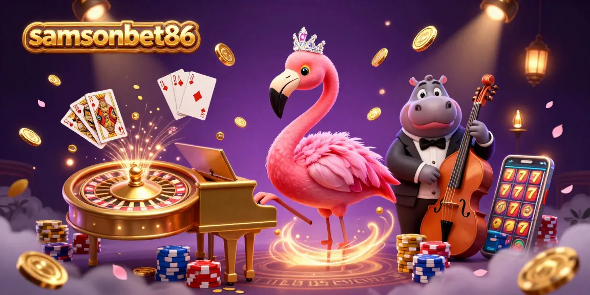 Experience the thrilling world of samsonbet86 with a vibrant 3D casino scene featuring a singing flamingo.