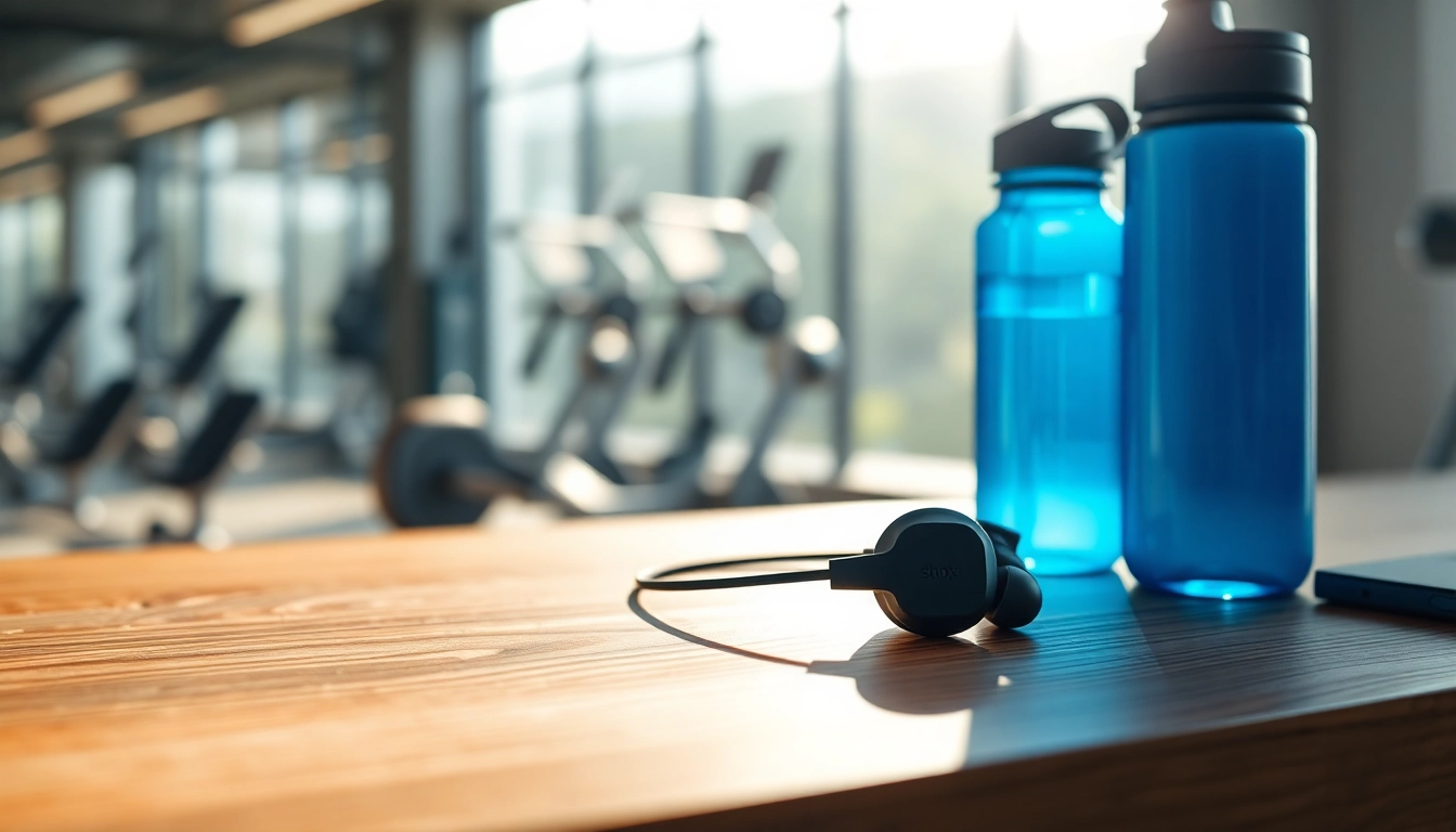 Shokz bone conduction headphones on a desk next to a water bottle, highlighting fitness.