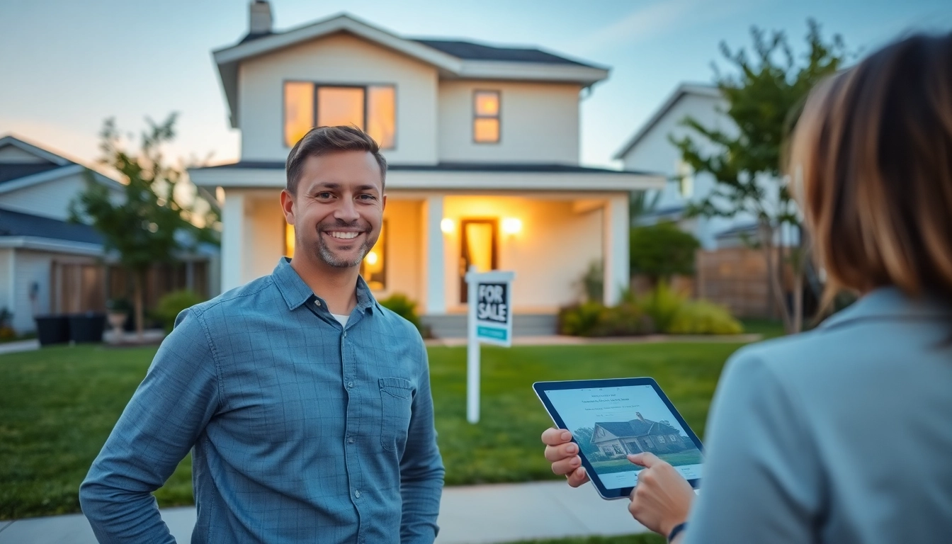 Real Estate agent engaging with clients in front of a beautiful home, showcasing opportunities.