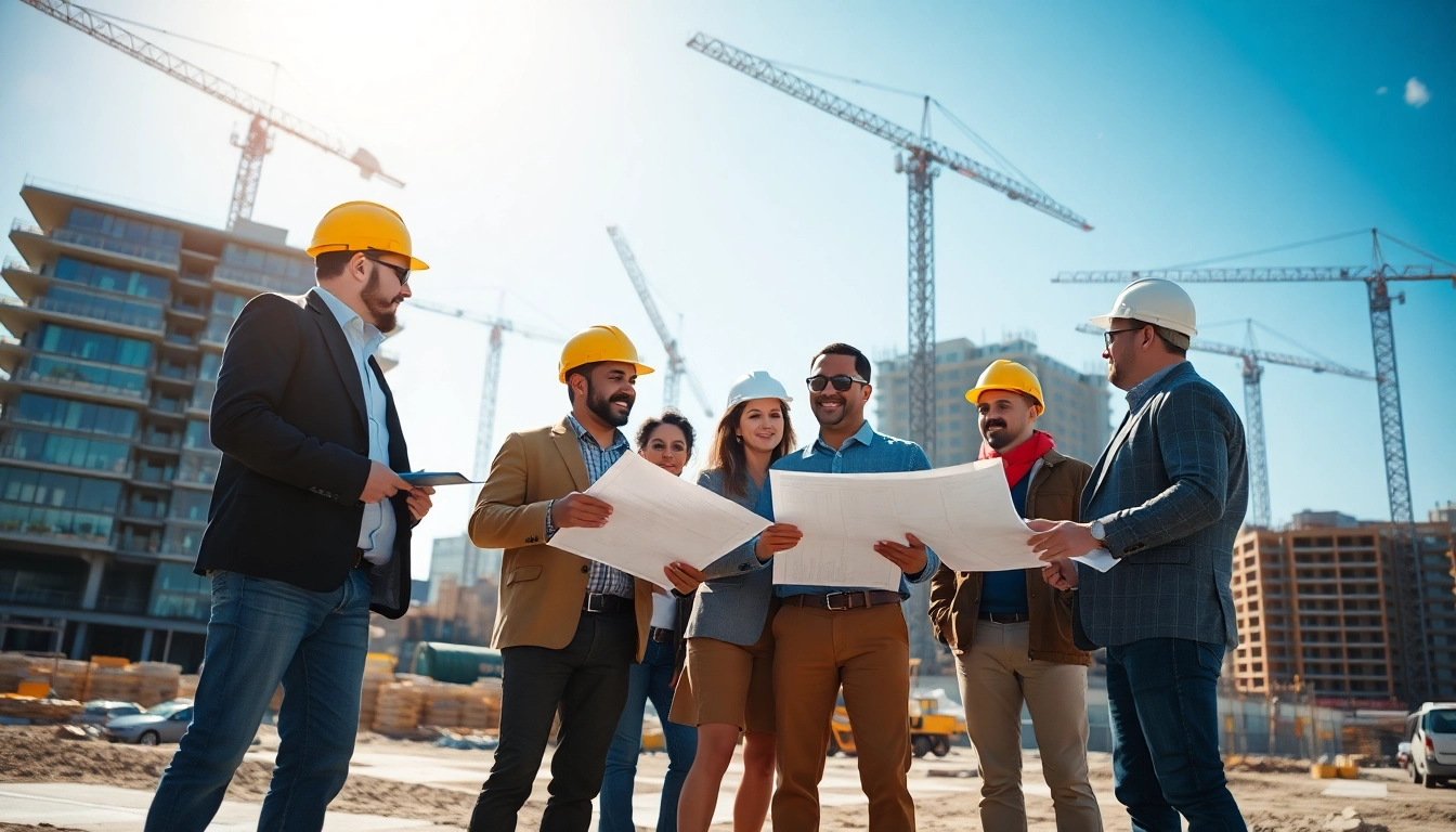 Construction association professionals collaborating on a vibrant urban construction site.