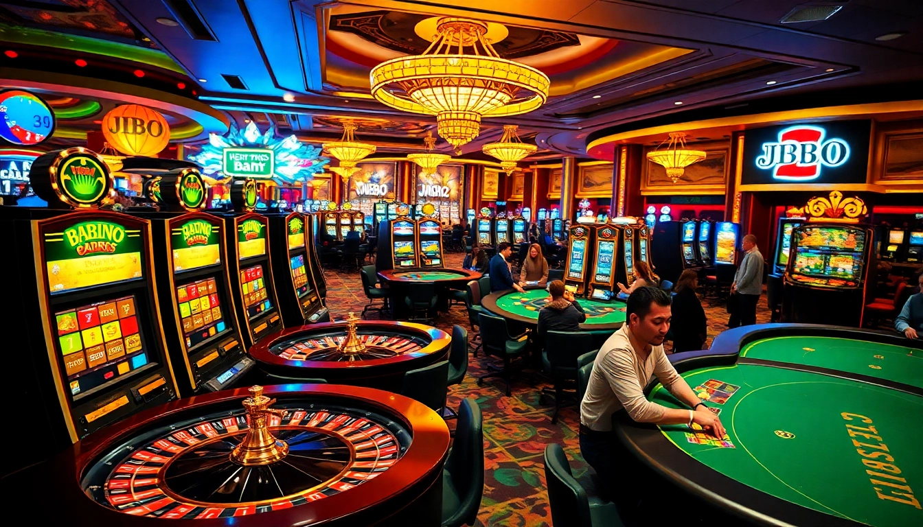 Experience the thrill of JBO with exciting poker players and dazzling slot machines at a bustling casino.