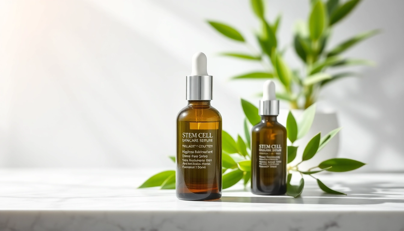 Showcase of stem cell skincare serum on a marble countertop, emphasizing luxury and natural ingredients.