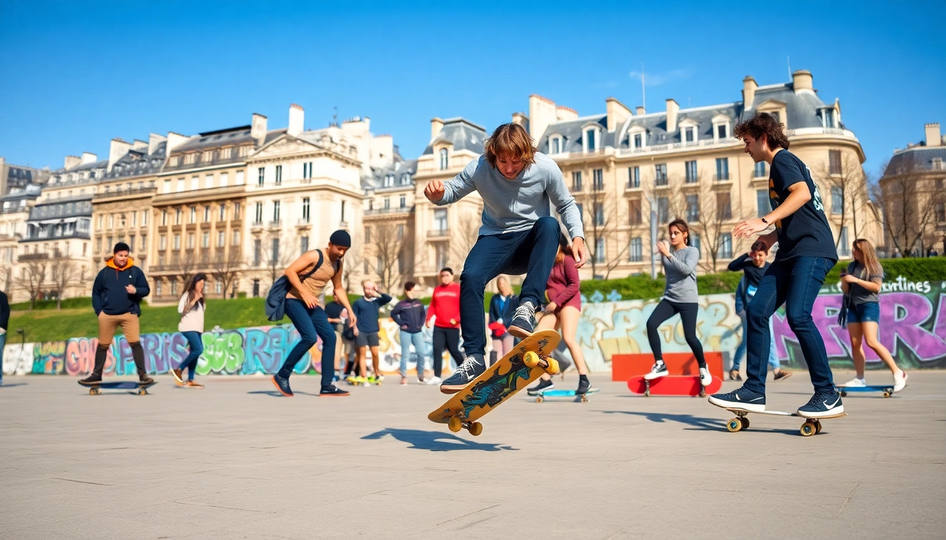 Engaged skaters join Cours skate paris in an urban environment showcasing vibrant tricks and culture.