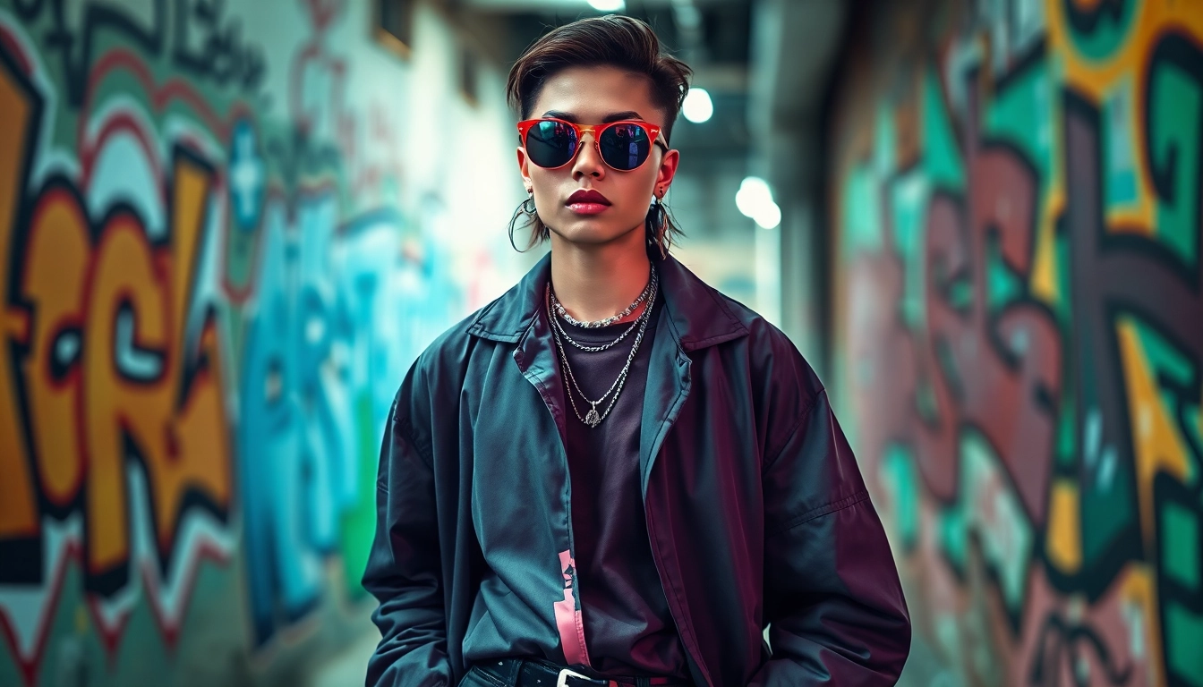 Discover a fashion model showcasing contemporary trends against an urban backdrop.