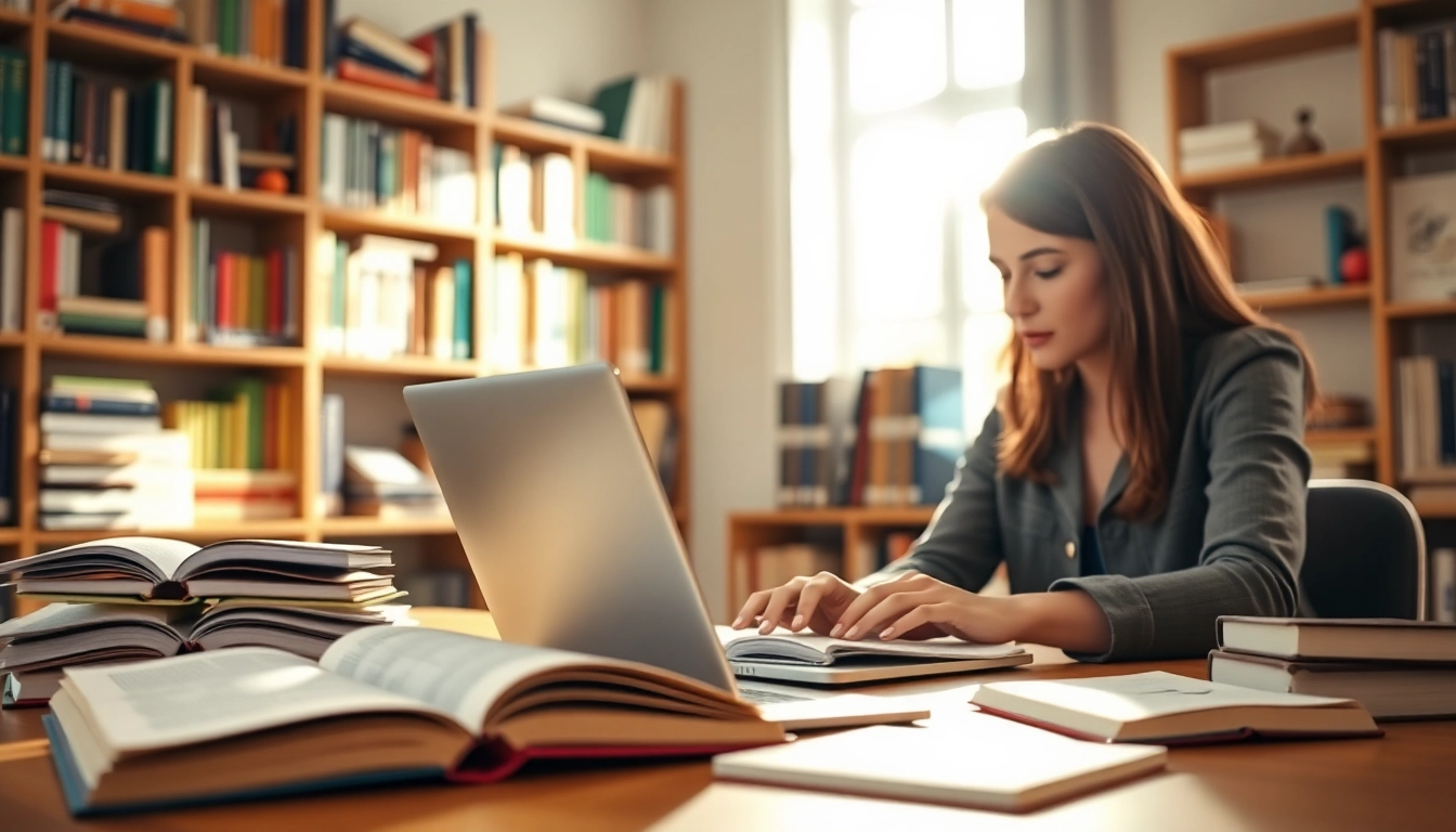 Redactare lucrare licenta într-un mediu academic inspirat, studenta la laptop.