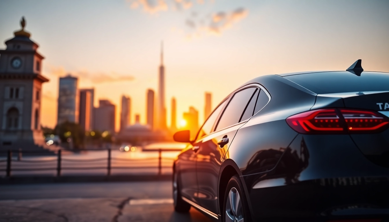 Experience seamless LONG DISTANCE TAXI TRANSFERS with a modern taxi against a city skyline at sunset.