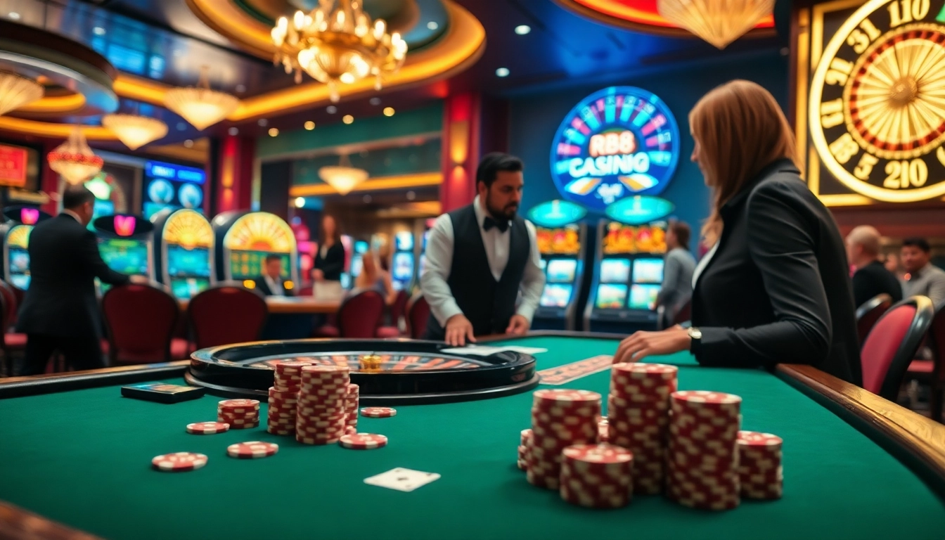 Interactive casino scene showcasing the rr88 link with vibrant gaming tables, excited players, and a luxurious atmosphere.