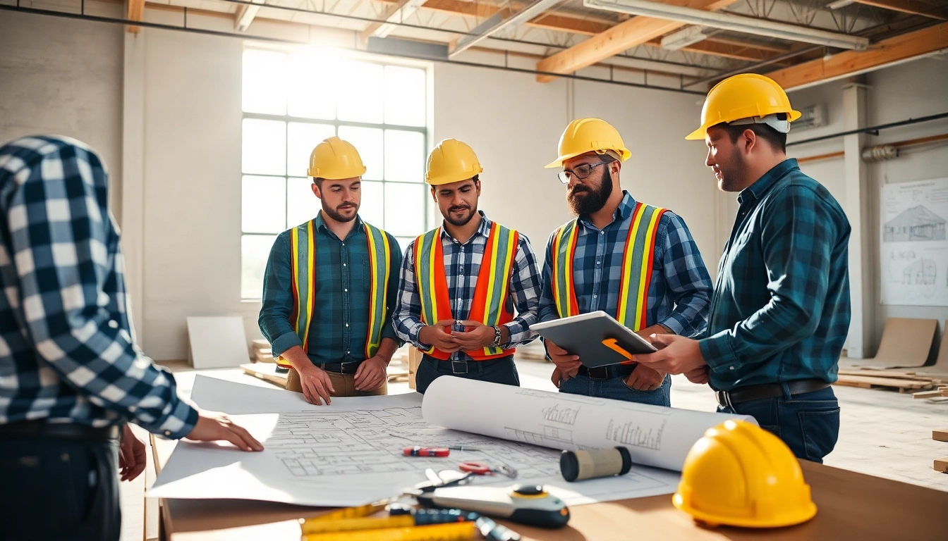 Tennessee construction association members reviewing project plans in a bright workspace.