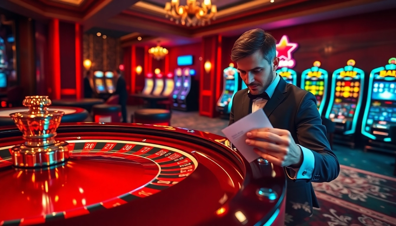 Engaging gambler analyzing odds at a deluxe casino table, showcasing MMOO excitement.