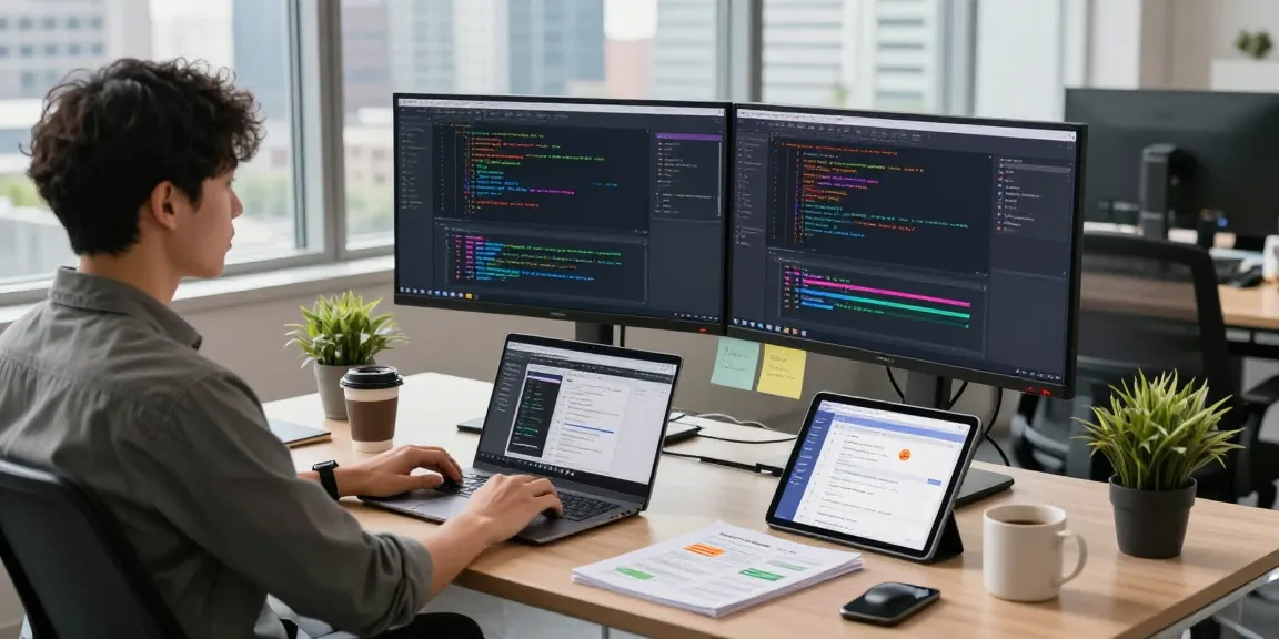 Developer coding apps with WhatsApp下載 on screens in a modern workspace.