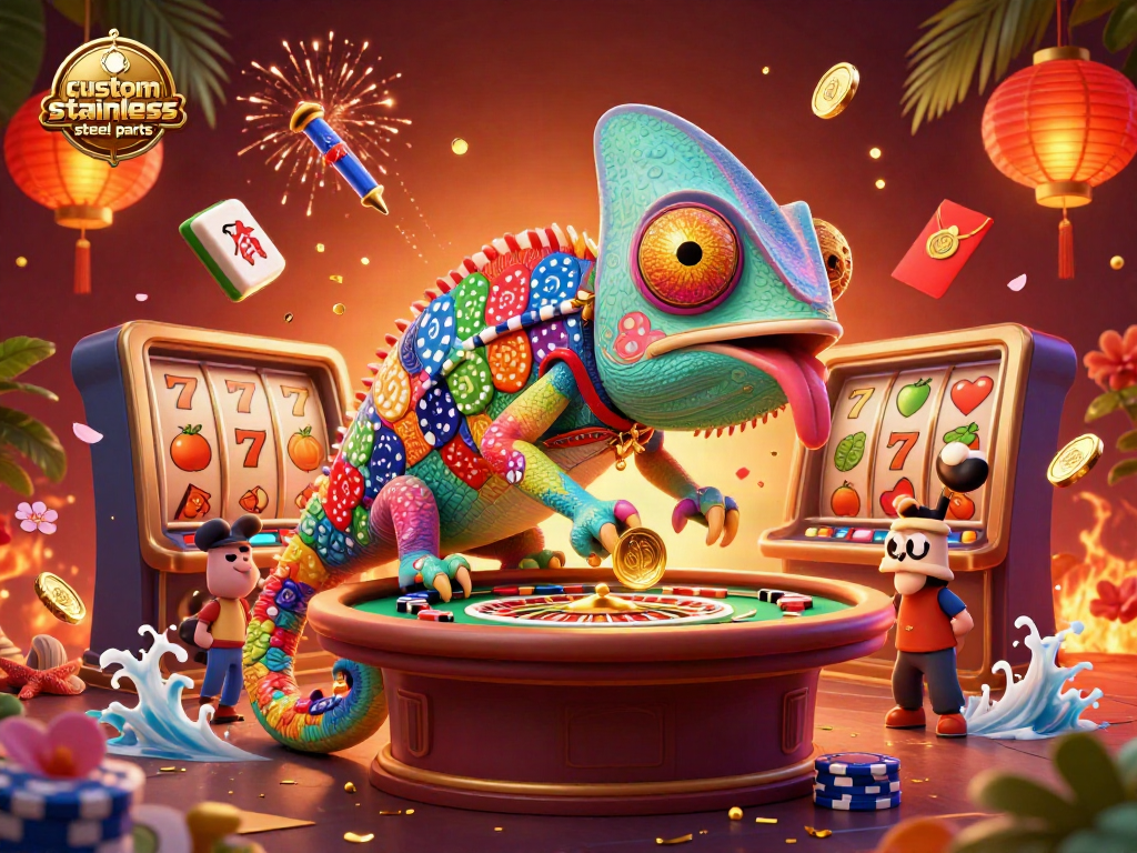 Engage with custom stainless steel parts in a vibrant casino setting filled with slots and festive decor.