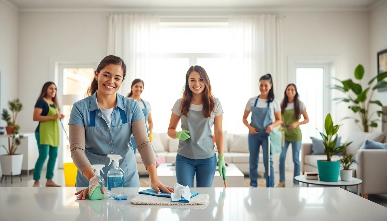Cleaning service team diligently working in a bright, modern home with sparkling surfaces and vibrant decor.