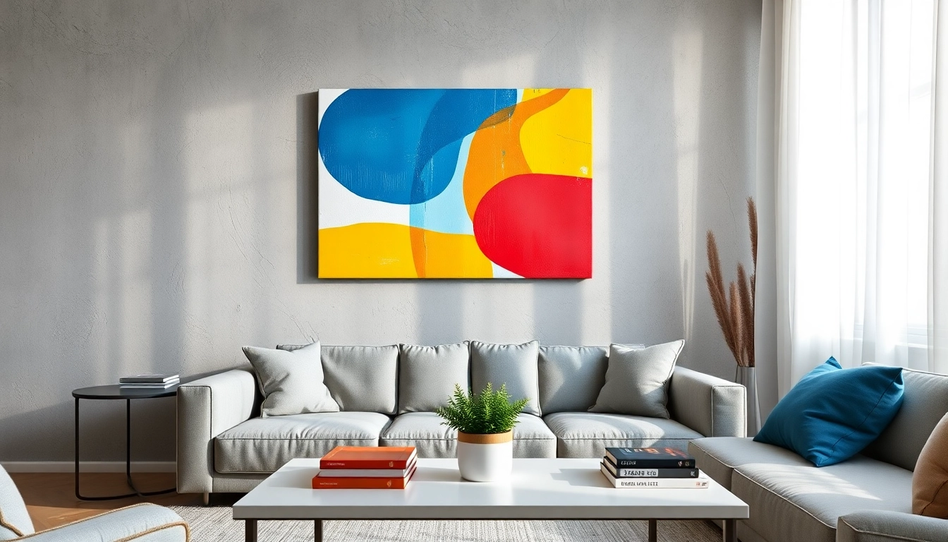 Bright canvas wall art enhancing a modern living room with vibrant colors and geometric shapes.