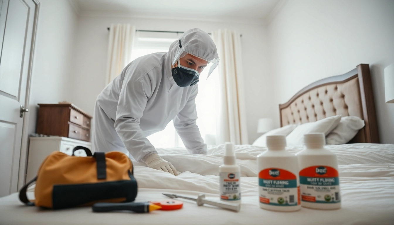 Bed bug exterminator expertly inspecting a bedroom for signs of infestation.