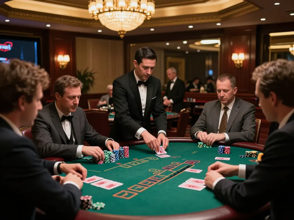 Players engaging in a strategic game of blackjack at an upscale casino, embodying the 56 WIN experience.